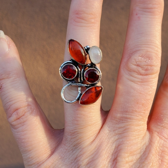 New Amber, Garnet & Rainbow Moonstone 925 Silver Ring. - Picture 13 of 16